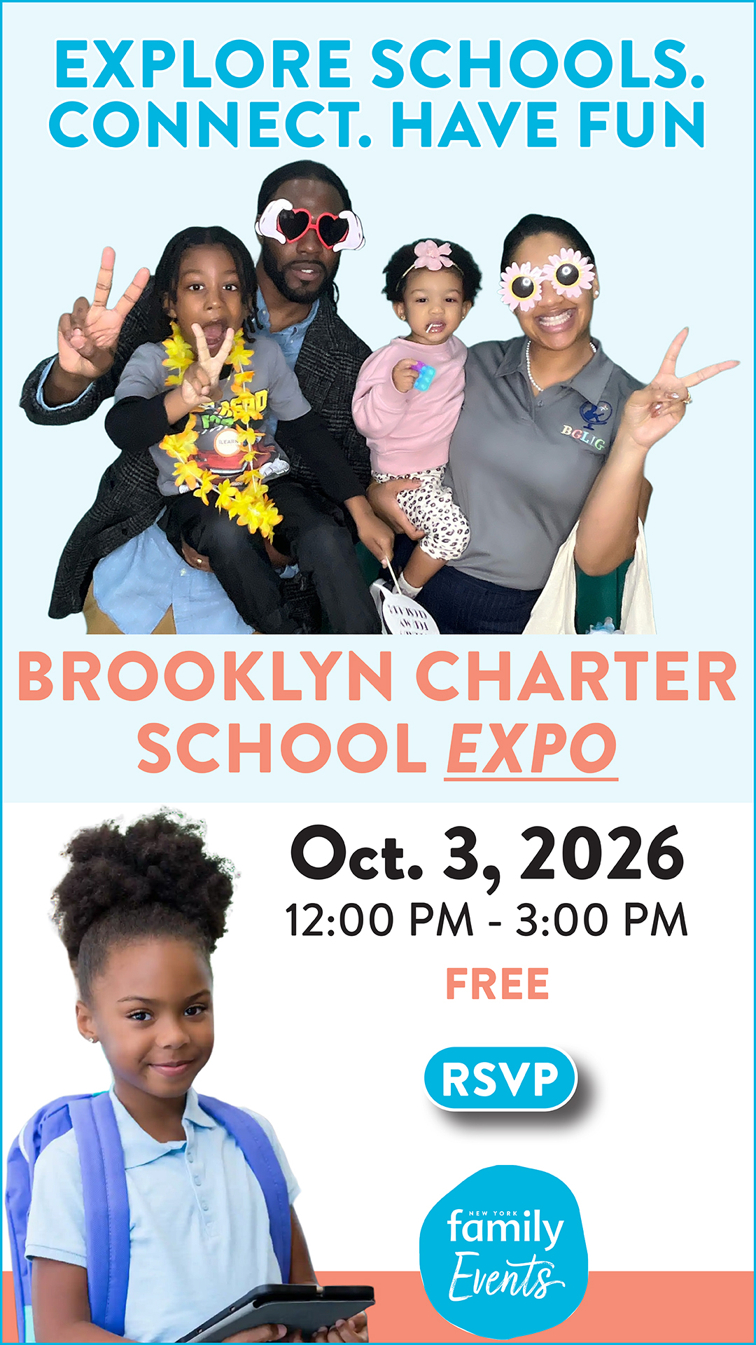 BAM Digital Media save-the-date graphic for the Brooklyn Charter School Fair and Kids Activity Expo, October 3, 2026